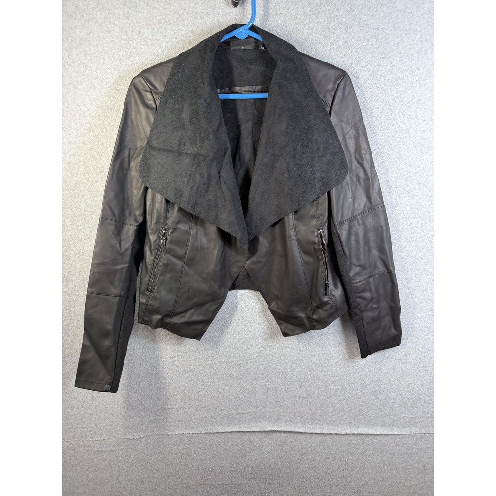 Roz & Ali Jacket Womens Small Black Faux Leather Open Front Drape Zip Pockets